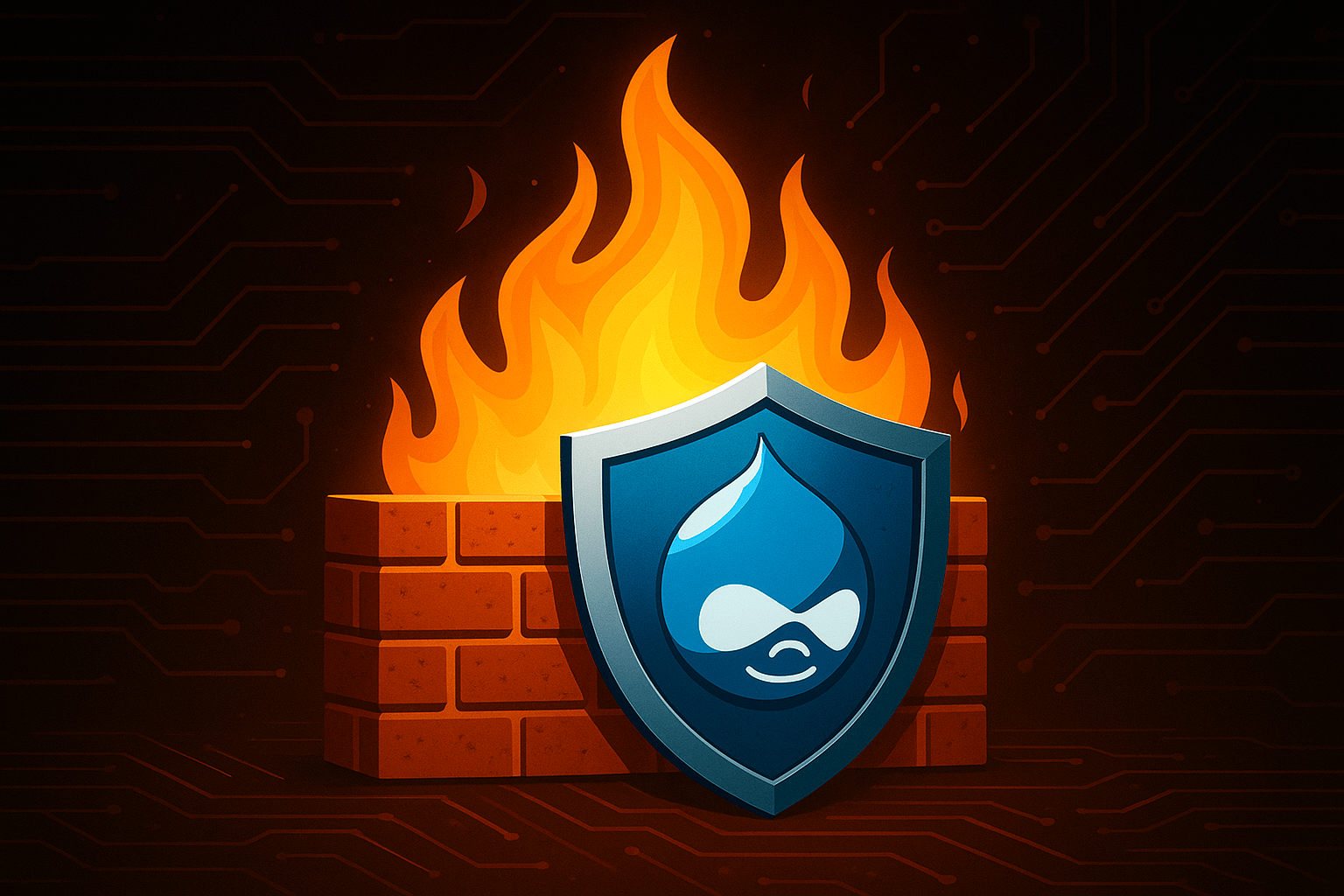 An image of the Drupal logo on a shield, in front of a wall that's on fire.